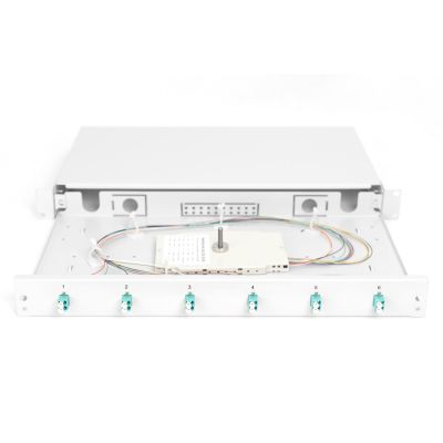FO patch panel with equipment 19'' 1U, 6x LC dx, OM3, pigtails, adapters, trays, sliding, gray