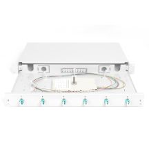 FO patch panel with equipment 19'' 1U, 6x LC dx, OM3, pigtails, adapters, trays, sliding, gray