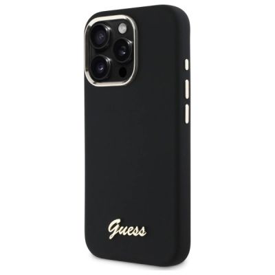 2. Guess Silicone Script Metal Logo & Frame Case for iPhone 16 Pro - Black
