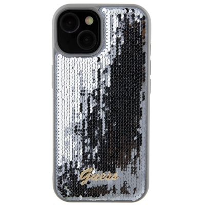 3. Guess Sequin Script Metal case for iPhone 15 - silver