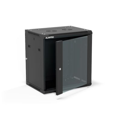19" 12U 600x450 wall-mounted cabinet, (double-section option), single-leaf glass door, removable full rear cover, removable full side covers, lockable, 4 beams, black, for self-assembly - Flat Pack, ALANTEC