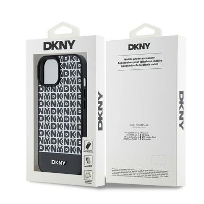 8. DKNY Leather Printed Pattern Metal Logo MagSafe Case for iPhone 15/14/13 - Black