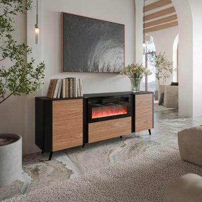3. VOLARE chest of drawers 200x39x75 black/walnut + fireplace