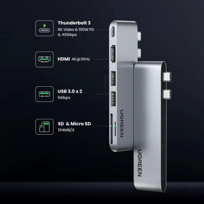 6. HUB Ugreen CM380 2xUSB C - HDMI/2xUSB 3.0/SD TF/USB C PD - gray