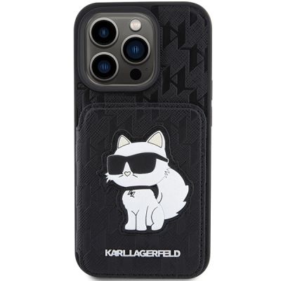 3. Karl Lagerfeld Saffiano Cardslots and Stand Monogram Choupette Case for iPhone 15 Pro Max - Black
