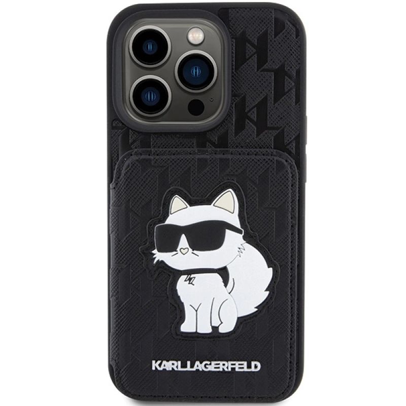 3. Karl Lagerfeld Saffiano Cardslots and Stand Monogram Choupette Case for iPhone 15 Pro Max - Black