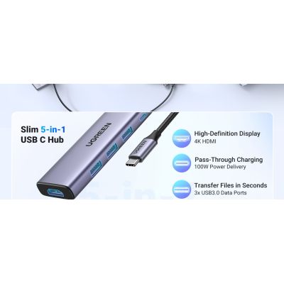 3. Ugreen Multifunctional 5-in-1 HUB USB-C - HDMI 1.4 / 3 x USB-A / USB-C PD 100W CM511 - Gray