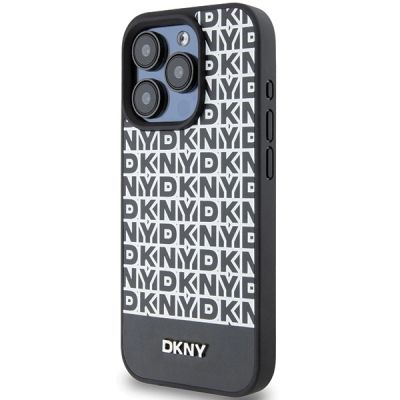2. DKNY Leather Printed Pattern Metal Logo MagSafe Case for iPhone 15 Pro Max - Black