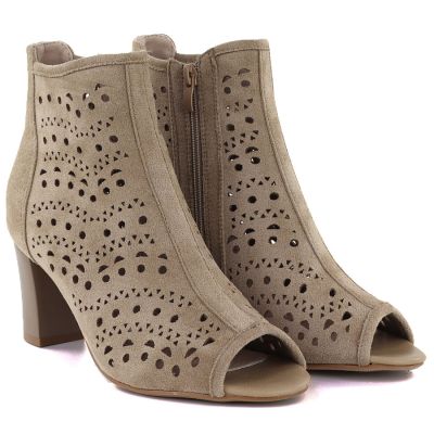 3. Women's openwork suede high-heeled ankle boots in beige Jezzi ASA283-8
