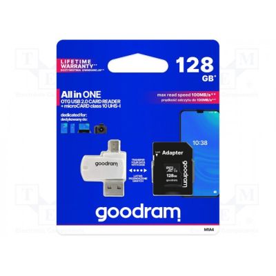 2. GoodRam All in one M1A4-1280R12 Memory Card with Adapter and Card Reader (128GB; Class 10; Adapter, MicroSDHC Card Reader, Memory Card)