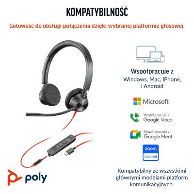 199. Poly Blackwire 3325 Stereo MS Teams Certified USB-C Headset +3.5mm Plug +USB-C/A Adapter 8X222AA