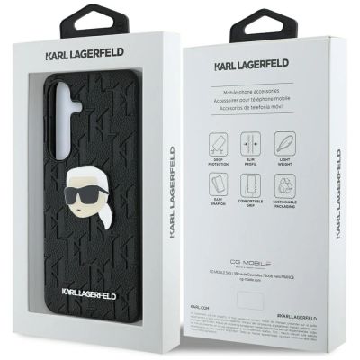 8. Karl Lagerfeld Leather Monogram Pin Logo Karl Head Samsung Galaxy S25 Case Black