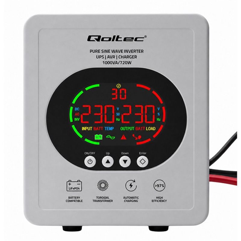 8. UPS Qoltec 50451 Pure Sine Wave 1000VA/720W Converter 12/230V with AVR | LCD | LiFePO4 AGM GEL