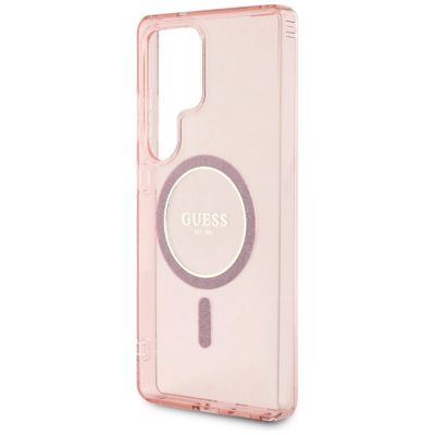 6. Guess Glitter Circle Classic Logo MagSafe Case for Samsung Galaxy S25 Ultra Pink
