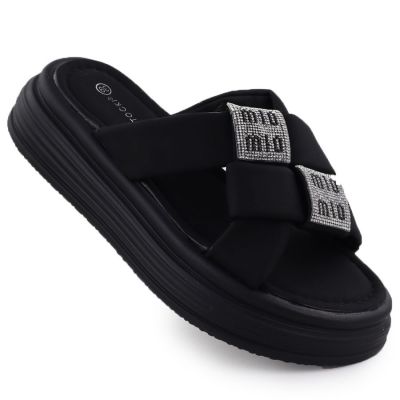 Women’s black platform slides with rhinestones Potocki 16347