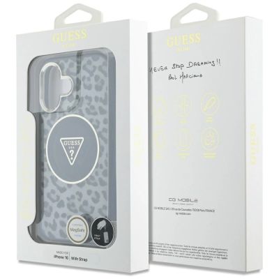 7. Guess HC IML Leopard Triangle Cord Strap MagSafe case for iPhone 16 - black