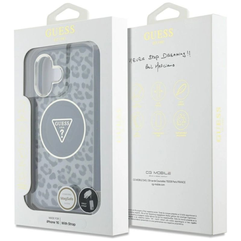 7. Guess HC IML Leopard Triangle Cord Strap MagSafe case for iPhone 16 - black