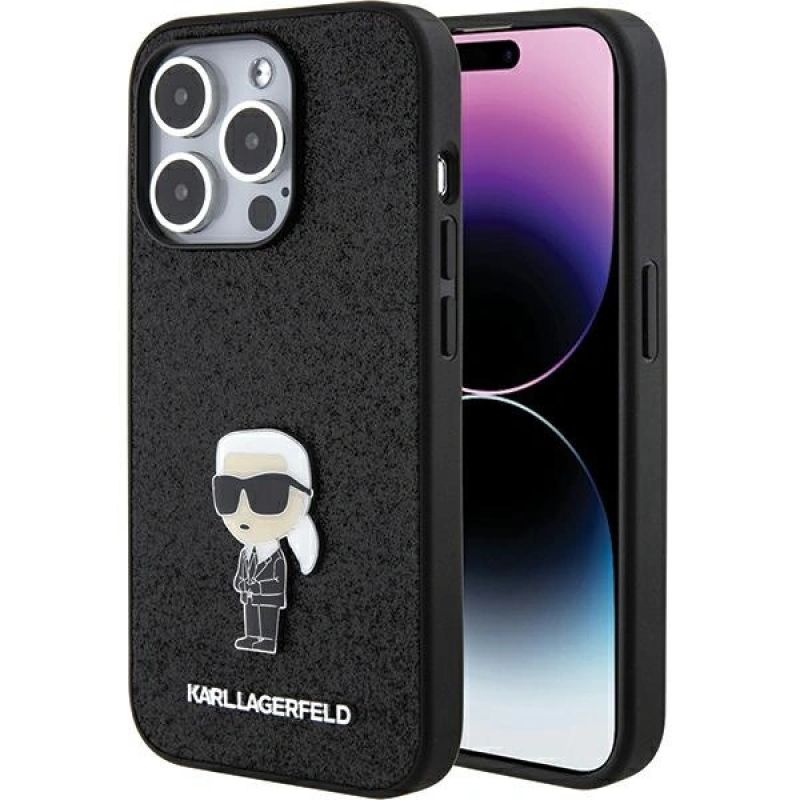 Karl Lagerfeld Glitter Ikonik Logo Metal Logo Case for iPhone 15 Pro Max - Black