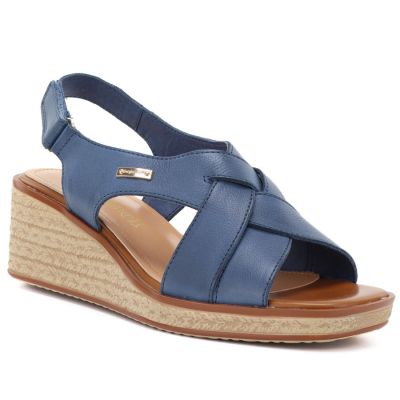 Sergio Leone SK297 Navy Blue Women's Leather Wedge Sandals