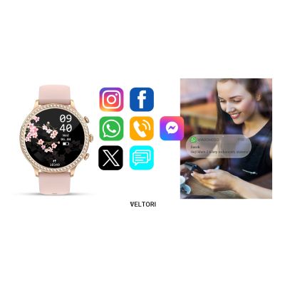 17. VELTORI VT310-1 Women's Smartwatch Gold Bracelet + Pink Silicone Strap