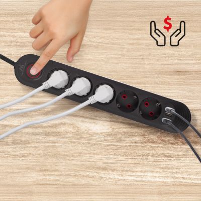 12. MACLEAN POWER STRIP, EXTENSION CORD, 5 OUTLETS + 3XUSB, 110-240V AC 50/60HZ, 2.1A MAX 2500W, 1.5M, BLACK MCE395 B