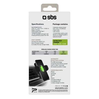 5. SBS TESUPWIR15WAUT smartphone holder with wireless charger for air vent - black