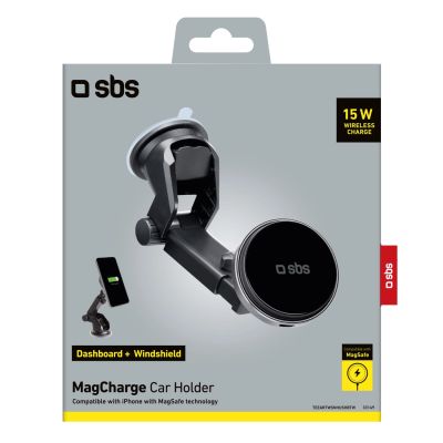 6. SBS TESUPMAGEXTWIR15W Telescopic Smartphone Holder with Wireless Charger, MagSafe Compatible, for Windshield and Dashboard - Black