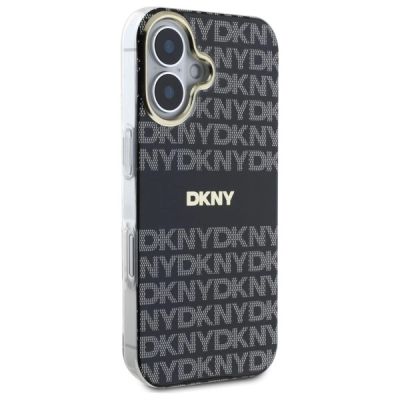 4. DKNY Repeat Texture Pattern With Stripe iPhone 16 Case - Black