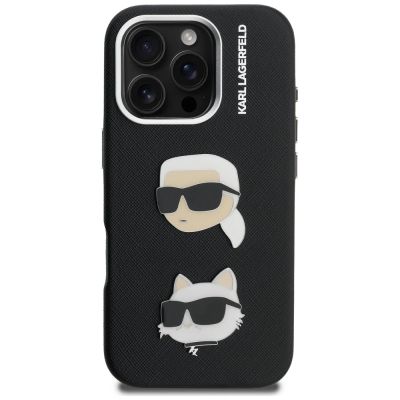 3. Karl Lagerfeld FW Grained Karl & Choupette Heads Pins Case for iPhone 16 Pro - Black