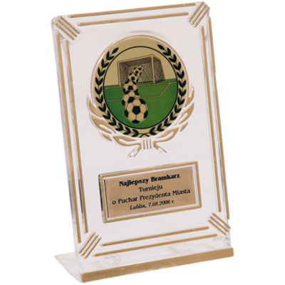 6. Plastic trophy - transparent - gold with space for a 50mm sticker and a 50mmX20mm TM plaque