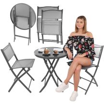 BALCONY FURNITURE SET ROUND TABLE AND 2 FOLDING CHAIRS GRAY