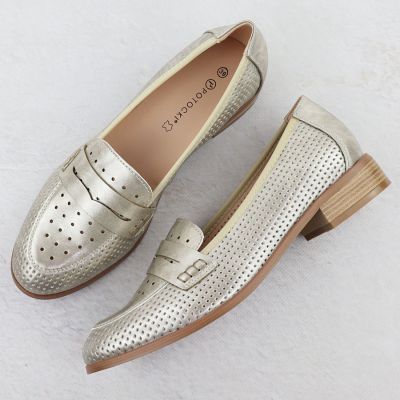 3. Women's openwork loafers, metallic gold, Potocki 12581