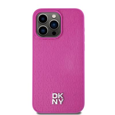 3. DKNY Leather Monogram Pattern Metal Logo MagSafe Case for iPhone 15 Pro Max - Pink