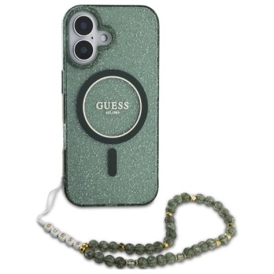 2. Guess IML Glitter With Pearl Strap MagSafe case for iPhone 16 - green