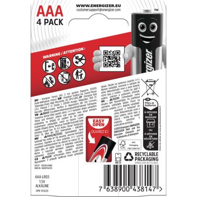 3. ENERGIZER ALKALINE BATTERIES MAX AAA LR03, 4 PIECES, ECO PACKAGING