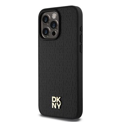 2. DKNY Leather Monogram Pattern Metal Logo MagSafe Case for iPhone 15 Pro Max - Black