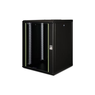 10. Unique 19" 16U wall-mounted network cabinet, 600x600, glass door, black, undivided, assembled, 100kg