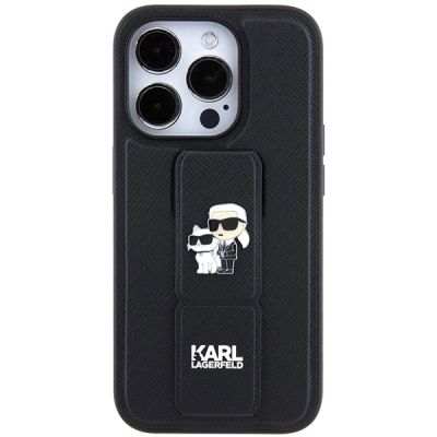 3. Karl Lagerfeld Gripstand Saffiano Karl&Choupette Pins case for iPhone 14 Pro - black