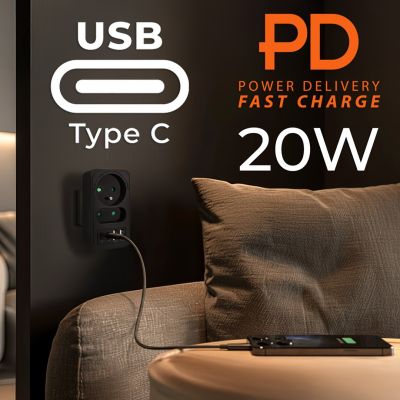 4. MACLEAN POWER SOCKET X2 + 4XUSB, SPLITTER WITH 2 SOCKETS, 2XUSB A, 2XUSB C PD 20W, 1X16A + 1X6A MCE249 F/B