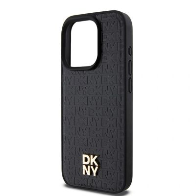 11. DKNY Leather Monogram Pattern Metal Logo MagSafe Case for iPhone 15 Pro - Black