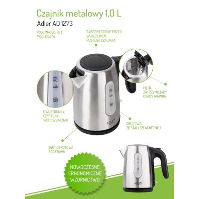 12. Adler AD 1273 electric kettle (1200W 1l; silver)