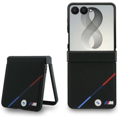BMW M Leather Perforated Tricolor Stripe Metal Logos MagSafe Case for Samsung Galaxy Z Flip 8 - Black
