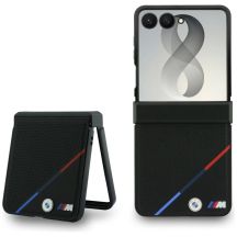 BMW M Leather Perforated Tricolor Stripe Metal Logos MagSafe Case for Samsung Galaxy Z Flip 8 - Black