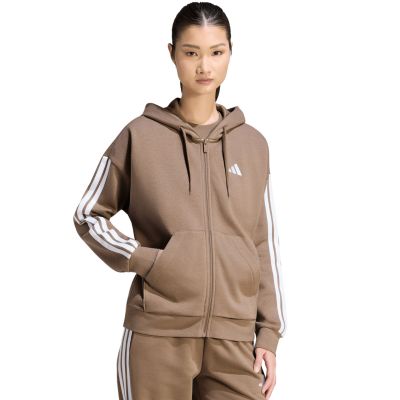Women's adidas Essentials 3-Stripes Full-Zip Fleece Hoodie Light Brown KF6273