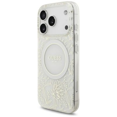 3. Guess IML Flowers Allover Electroplated with Pearl Strap MagSafe Case for iPhone 18 Pro / 17 Pro - White
