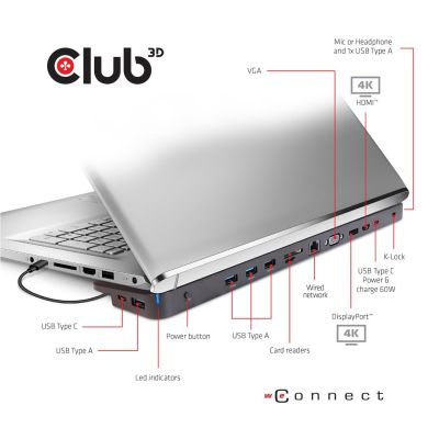 2. CLUB3D CSV-1564W100 USB 3.2 Gen 1 (3.1 Gen 1) Type-C Docking Station Black
