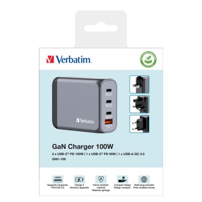 7. Verbatim GaN GNC-100 4-PORT 100W/USB A/C Mains Charger (EU/UK/US)