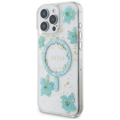 2. Guess Resin Flowers Glitter MagSafe iPhone 16 Pro Case - Clear Green