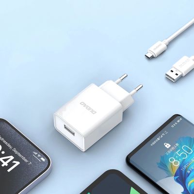 9. Dudao A4EU USB-A 2.1A wall charger - white + USB-A - micro USB cable