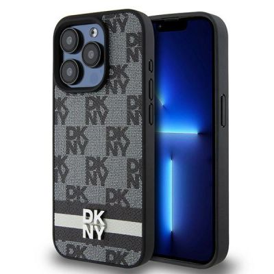 9. DKNY Leather Checkered Mono Pattern & Printed Stripes Case for iPhone 15 Pro Max - Black